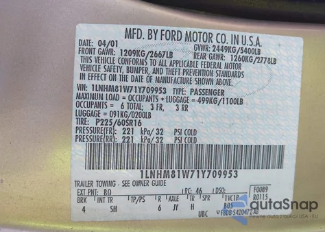 2001 Lincoln Town Car Executive из США, поврежденный, VIN 1LNHM81W71Y709953